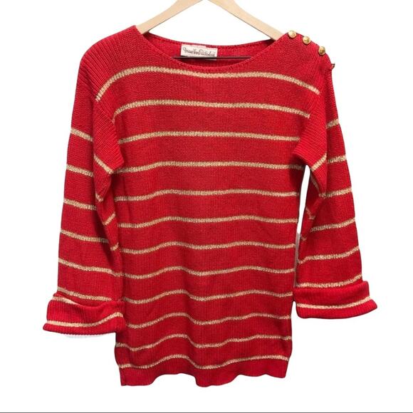 Diane Von Furstenberg Vintage red with gold stripes cuffed sleeves sweater MED - Picture 1 of 8